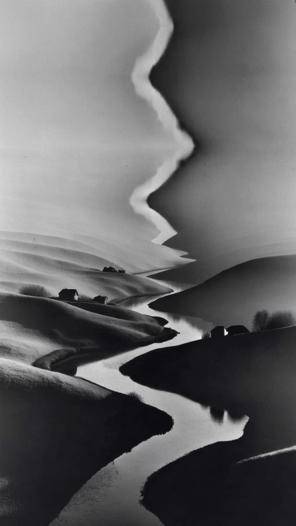 a winding river cutting through rolling hills dotted with scattered houses, mirrored along a sharp vertical axis to create a rorschach-like abstraction, high-contrast monochrome analog film style, grainy silver gelatin texture, deep blacks transitioning into hazy atmospheric grays, undulating topographic silhouettes, serpentine river curves, tiny architectural pinpoints, minimalist composition, ethereal soft focus, chiaroscuro lighting, vertical orientation, experimental surrealism