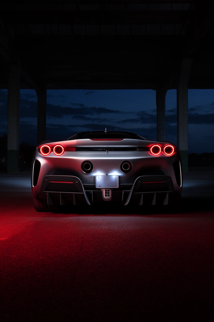 rear view of a sleek silver sports car in a dark industrial setting, four glowing red taillights, central dual exhaust pipes, aggressive finned rear diffuser, illuminated rectangular plate mount, metallic body reflecting deep blue twilight, vivid red light illuminating dark asphalt, silhouetted architectural pillars framing a night sky, cinematic low-key lighting, moody automotive photography, symmetrical composition