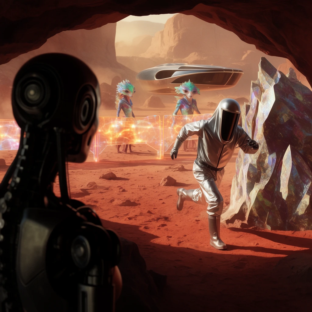 Over-the-shoulder perspective of a silhouetted humanoid robot looking from a dark cavern out onto a sunlit, rust-red desert environment. In the midground, a figure in a sleek silver hazmat suit sprints past a jagged crystalline rock formation. Further back, two alien beings with iridescent scales stand beside a hovering metallic skiff near a glowing energy barricade. Warm, dusty cinematic lighting and deep foreground shadows emphasize a dramatic, retro-futuristic sci-fi aesthetic.