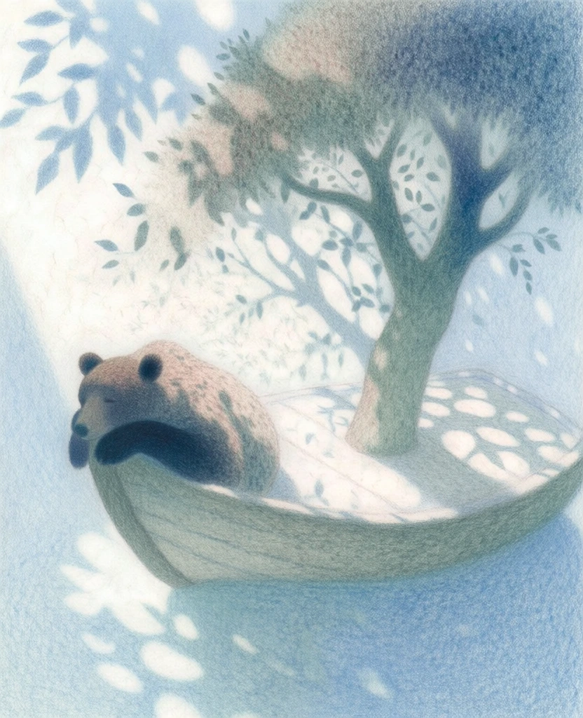 grainy stippled colored pencil illustration, a bear resting in a wooden boat with a tree growing from the deck, high-key palette of pale cerulean and muted sage green, dappled leaf shadows cast across the scene, ethereal dreamlike atmosphere, minimalist composition, soft blended edges, desaturated tones, delicate pencil strokes, hazy light, nostalgic mood, creamy whites, subtle shadow gradients.