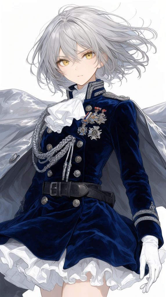anime illustration of a female character, dynamic windblown short silver hair, piercing golden-yellow eyes, deep navy blue velvet military doublet, silver braided aiguillettes, flowing silver cloak, voluminous white ruffled cravat, ornate silver lapel medals, dark leather belt, ruffled white petticoat, crisp white gloves, fabric in motion, soft cel shading, delicate linework, pure white background