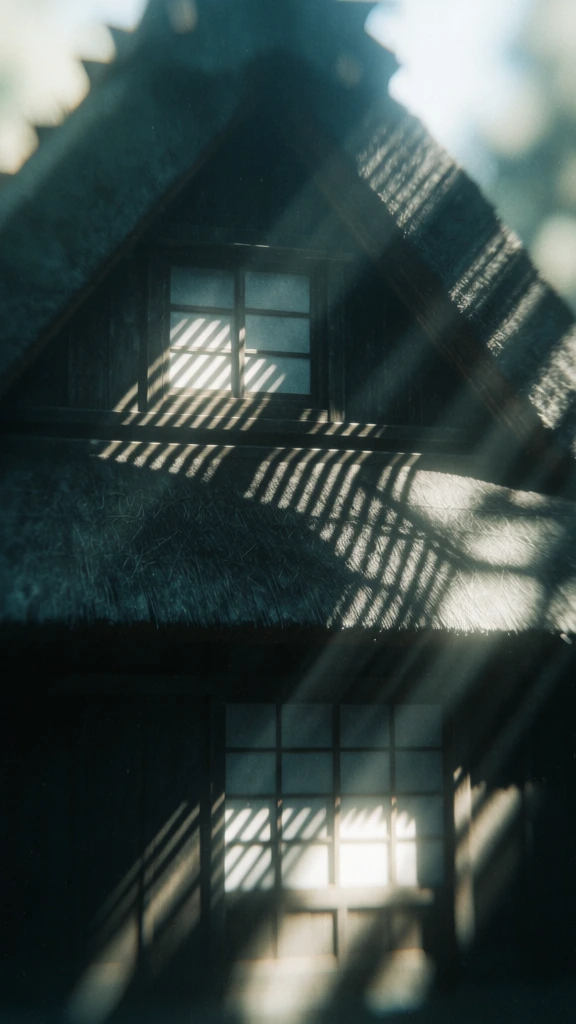 a two-story building with a heavy thatched roof, cinematic lo-fi aesthetic, light filtering through slats to create sharp diagonal rays across the facade, moody desaturated teal and charcoal palette, heavy film grain and digital noise, high contrast interplay of light and deep shadow, soft-edged highlights, minimalistic atmospheric composition, grainy 35mm analog photography style, textured organic materials, melancholic and mysterious architectural study