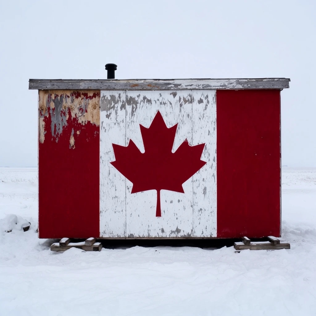 Rectangular wooden shack painted with a severely weathered Canadian flag motif, large crimson maple leaf centered on peeling white paint between red vertical bands, flaking bare wood exposed on the upper left, small black stovepipe on a flat roof, resting on skids in deep snow, stark minimalist winter landscape, flat white foreground, featureless pale overcast sky, deadpan frontal perspective, striking color contrast