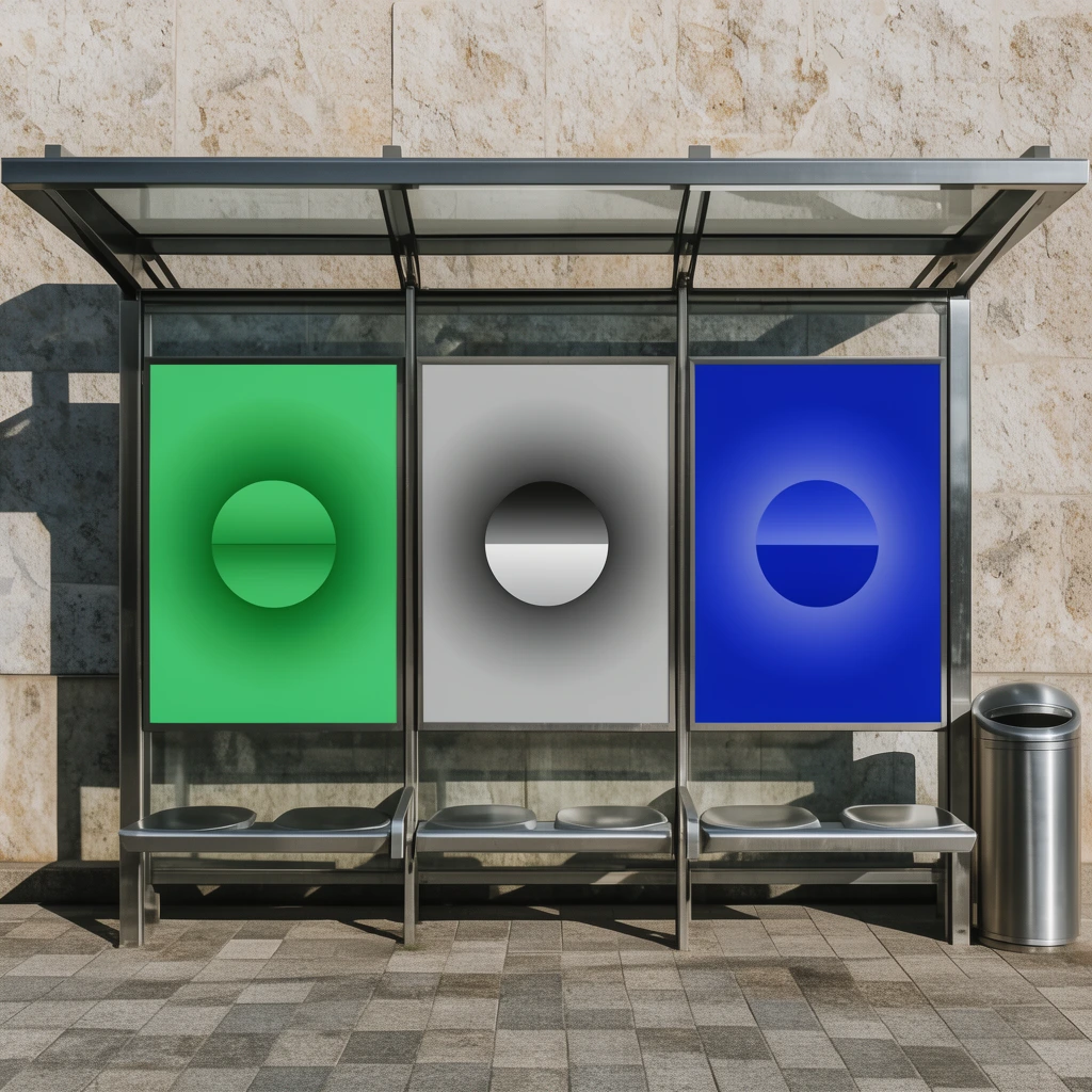 Three vertical panels at a modern transit shelter display minimalist geometric posters in vibrant green, grayscale, and rich blue colorways. Each graphic centers a horizontally divided circle within a soft radial gradient. The metal and glass structure rests on tiled pavement under bright sunlight, casting sharp architectural shadows against a textured stone wall, alongside integrated metallic seats and a cylindrical trash bin.