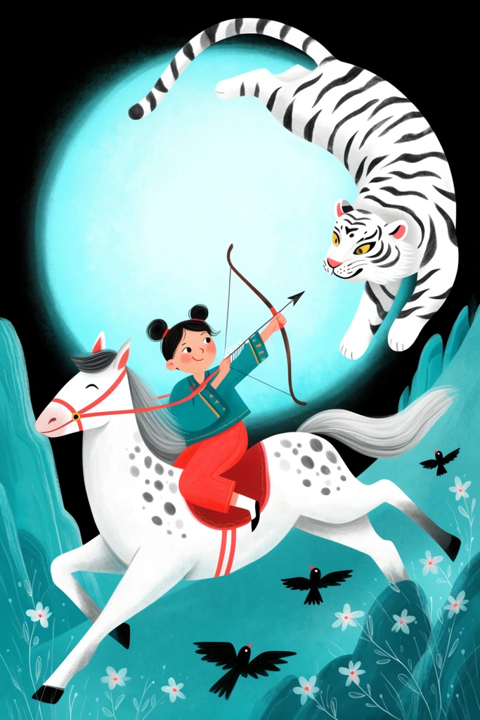 A smiling girl with twin hair buns rides a galloping spotted white horse, turning backward to aim a drawn bow at a leaping white tiger. The whimsical flat illustration is set against a massive, glowing light blue moon and a stark black background. Stylized black birds, delicate flowers, and teal rock formations frame the dynamic chase. The playful composition features soft textures and a cool color palette of teal and white with vibrant red accents.