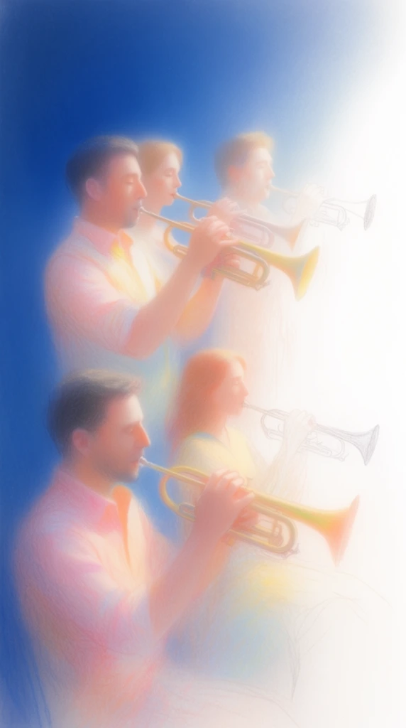 Three men and two women playing horns are rendered in a soft, ethereal pastel illustration style. The musicians and their instruments are depicted using delicate, feathery strokes, visible linear hatching, and a luminous color palette of soft peach, pale pink, translucent yellow, and cream. The scene is set against a dramatic background gradient that transitions from a rich, vibrant ultramarine blue on the left to a completely overexposed, stark white on the right. An intense, blown-out directional light from the right side engulfs the scene, causing the figures and horns positioned in that area to dissolve into the bright background with only faint, wispy pencil-like outlines remaining visible. The rendering features smooth color blending, hazy edges, and a textured, soft-pastel finish that emphasizes the bright, diffused lighting effect.
