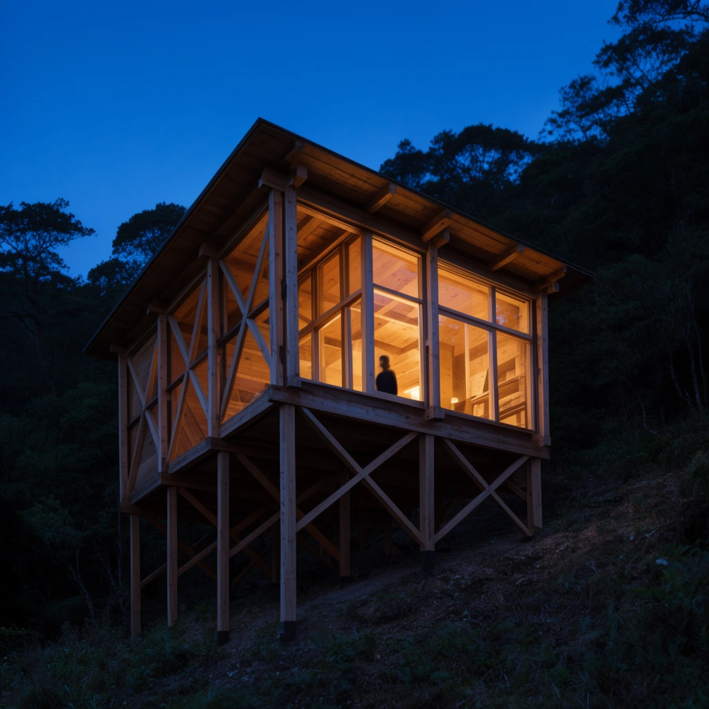 modern wooden stilt cabin on dark forested hill at twilight, warm glowing interior through large glass windows, faint figure inside, exposed timber framing, deep blue sky, architectural photography