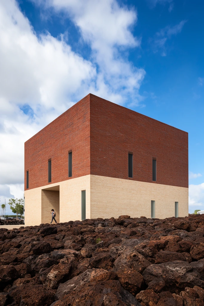 modern cubic building with two-toned red and beige brick walls, rugged dark brown rocky foreground, small figure walking near a recessed entrance, narrow vertical windows, bright blue sky with white clouds, low angle architectural photography, natural daylight