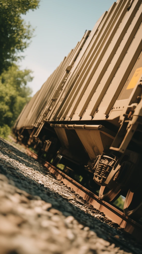 extreme low angle shot of a tan freight train car, strong diagonal composition, Dutch tilted camera angle, shallow depth of field, blurred foreground railway track gravel, ribbed metal side panels casting deep shadows in warm bright sunlight, green foliage and pale blue sky background, cinematic framing, earthy color palette, daytime outdoor lighting