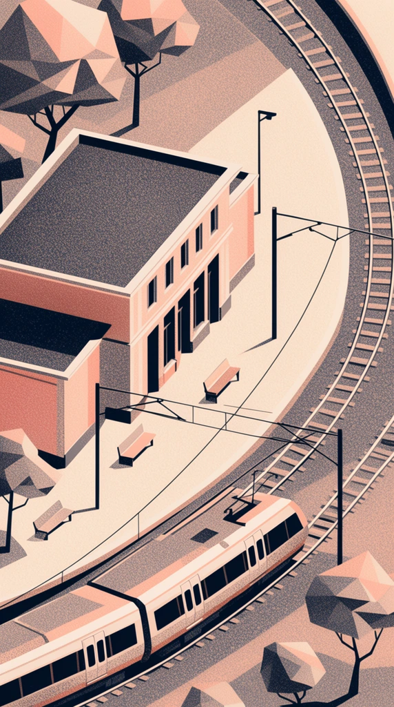 An isometric, low-poly illustration of a modernist train station and curving railway tracks rendered with a heavy stippled texture. The flat-roofed building sits on a beige platform alongside minimalist benches and overhead electrical wires suspended from black poles. A modern passenger train enters the lower frame along the tracks. Faceted, geometric trees with sharp, polygonal canopies border the scene. The composition uses a restricted palette of muted peach, soft beige, and dark charcoal grey. Sharp, angular shadows and prominent grainy shading give the 3D scene the aesthetic of a retro screen print or textured vector art.