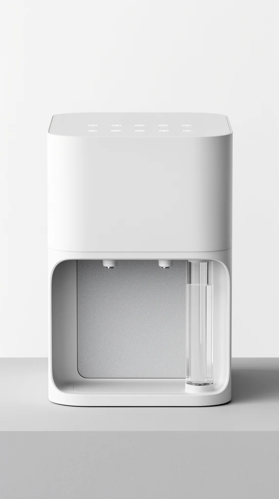A minimalist matte white water dispenser rests on a light grey surface against a seamless white backdrop. The sleek appliance features a rounded upper casing above a recessed dispensing alcove. The flat upper face displays an array of subtle, illuminated circular touch nodes. Within the lower alcove, a lightly textured grey back panel sits behind two downward-facing nozzles. A clear cylindrical water column is seamlessly integrated into the right side of the recess. Soft, even studio lighting highlights the pristine industrial design, clean lines, and symmetrical front-facing composition.
