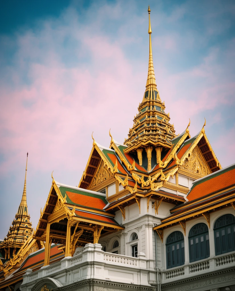 ornate Southeast Asian palace, towering golden multi-tiered spires, intricate tiered roofs with vibrant orange and green tiles, golden horn-like finials, heavily detailed golden gables, white stone facade with arched windows, soft blue and pink cloudy sky, low angle architectural photography, rich colors, sharp focus