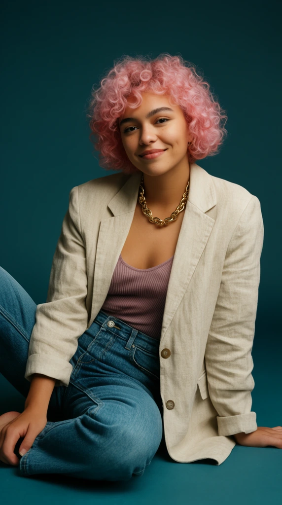young woman seated on the floor, short curly pink hair, soft smile, oversized beige linen blazer, mauve ribbed top, blue jeans, barefoot, thick gold chain necklace, relaxed posture leaning back on one hand, dark teal seamless studio backdrop, soft directional lighting, warm skin tones contrasting with cool background, contemporary editorial portrait photography