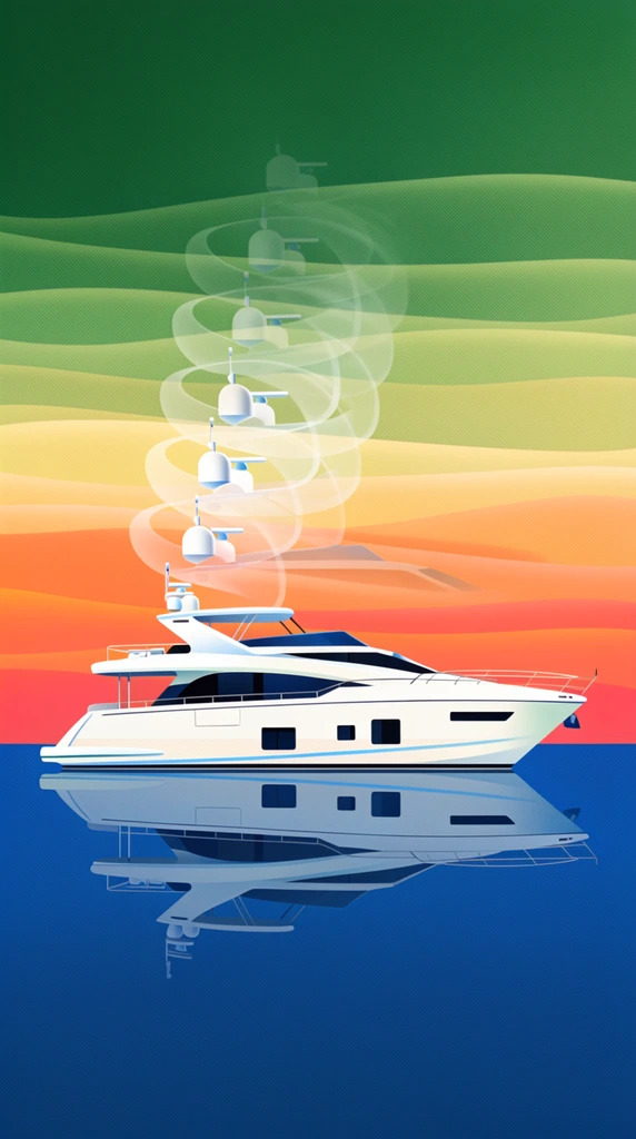 A sleek white luxury motor yacht in strict profile floats on smooth deep blue water, casting a pristine mirrored reflection. The yacht features dark tinted rectangular windows and prominent white radar domes on its roof. Above the vessel, a translucent, spiraling motion-trail effect repeats the radar mast upward, fading into the sky. The background is a stylized, abstract landscape of smooth, undulating horizontal strata transitioning from forest green at the top down through pale yellow to vibrant orange and coral red at the horizon line. The composition utilizes a retro-vector illustration style with flat shapes, smooth color gradients, and subtle halftone stippling textures.