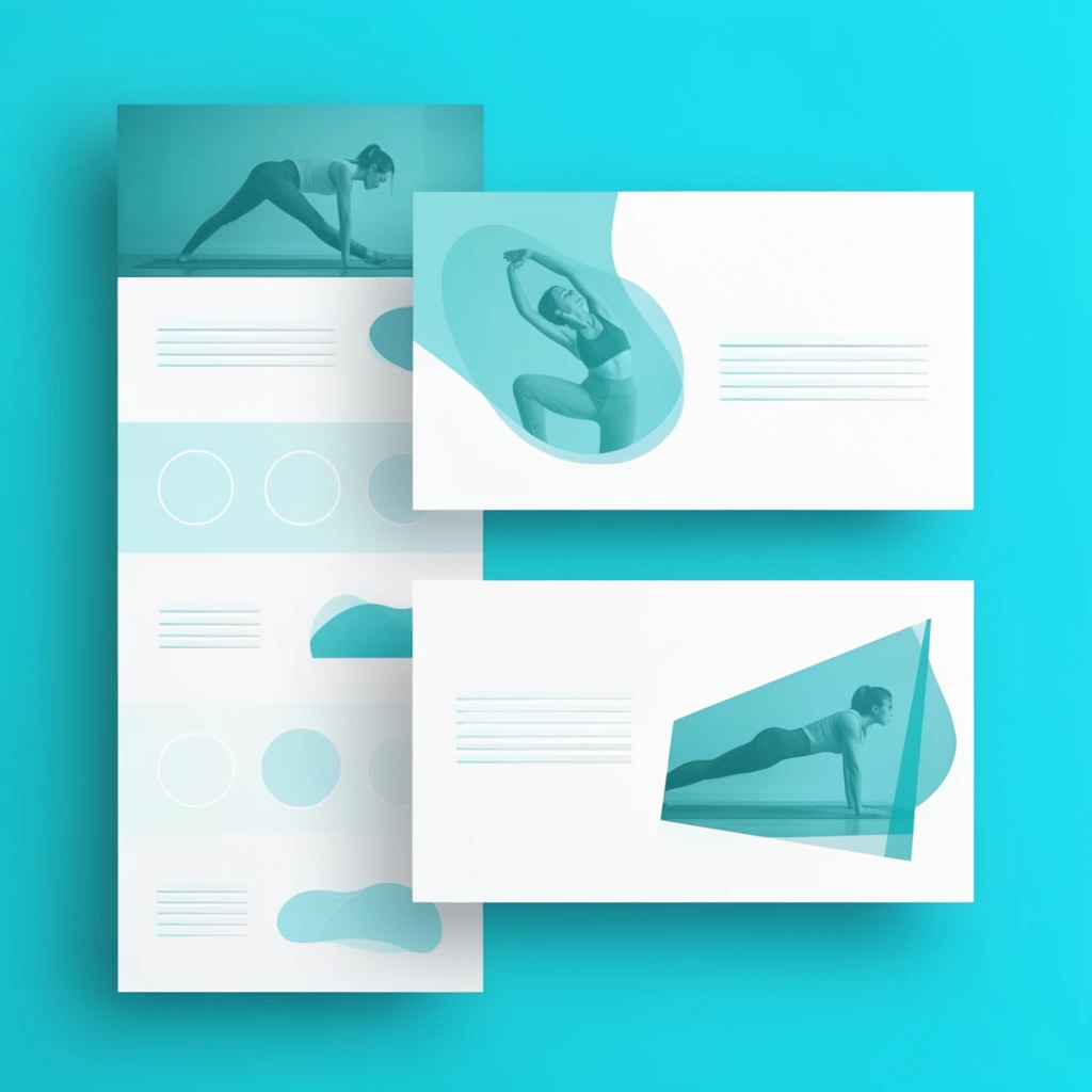 Three white digital interface layout mockups float against a vibrant cyan backdrop, casting soft drop shadows that establish a three-dimensional studio environment. The minimalist panels are arranged in a staggered, overlapping composition. On the left, a tall vertical layout features a teal-tinted header photo of a woman performing a yoga pose, followed by structured horizontal bands, circular layout blocks, and abstract organic shapes. Overlapping the right side are two horizontal rectangular panels. The upper panel displays a teal-tinted photo of a woman stretching inside a fluid wavy frame alongside structured layout lines. The lower panel features a woman in a plank pose enclosed within a large angled teal polygon. The composition utilizes a clean, modern monochromatic palette of cyan, teal, and bright white.
