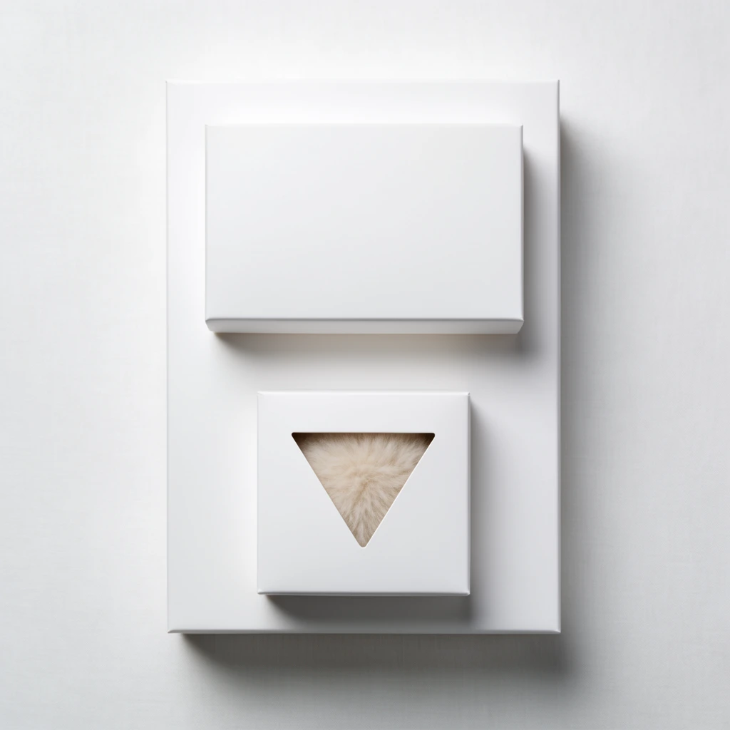 top-down flat lay of minimalist stacked white packaging boxes on a subtle white fabric surface, large flat rectangular base box, medium rectangular box resting on the upper half, small square box positioned on the lower half featuring a central inverted triangular die-cut window, soft beige textured fuzzy material visible through the triangular cutout, pristine matte white surfaces, crisp geometric lines, soft diffused studio lighting, subtle downward drop shadows, elegant monochromatic white palette, pristine product photography