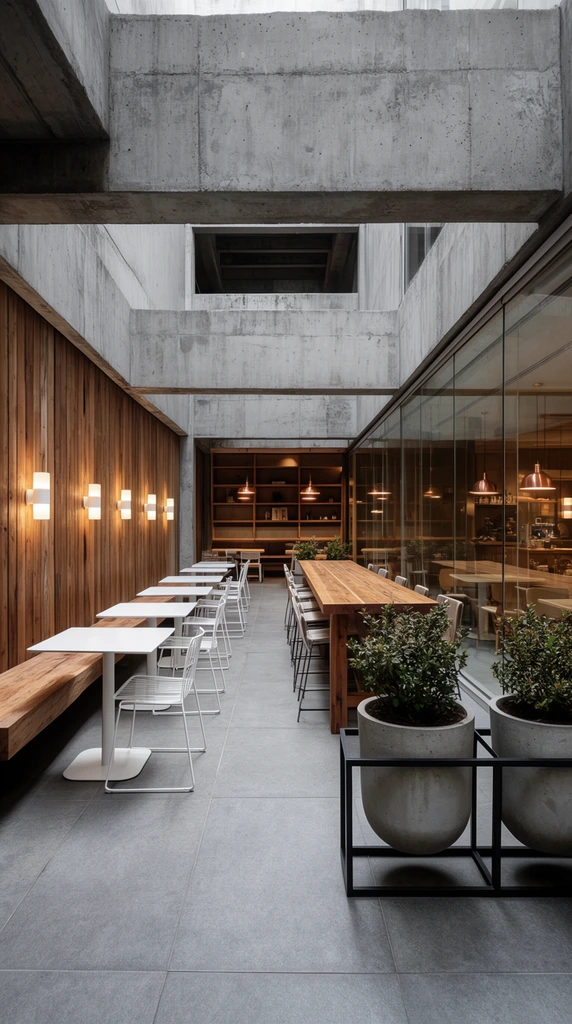 A modern, semi-outdoor dining patio integrates raw concrete architecture with warm wood textures and minimalist furnishings. A left wall of vertical wooden planks features a row of glowing cylindrical sconces above a thick timber bench, serving a line of square white tables and delicate white wire-frame chairs. A long communal wooden table occupies the center pathway. In the right foreground, a black metal stand holds two large concrete planters with green shrubs. Floor-to-ceiling glass panes on the right reveal an interior cafe space lined with wooden shelving and glowing copper pendant lights. Massive unfinished grey concrete structural beams form an open-air ceiling atrium overhead. The architectural photography composition uses a striking one-point perspective down the large grey floor tiles, emphasizing the deep depth of field and the high-contrast interplay between brutalist grey surfaces and warm ambient lighting.