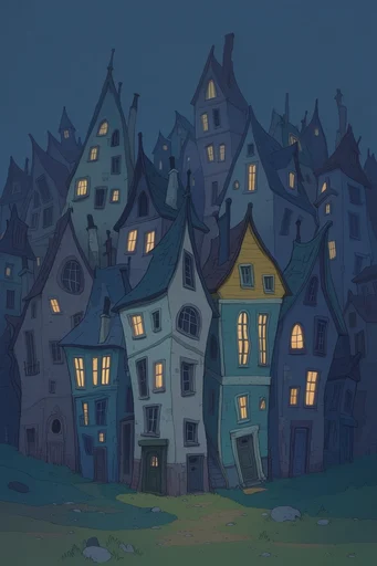Cozy Twilight Fantasy style reference image — warm glowing windows