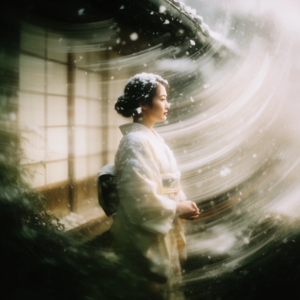 A woman in a kimono standing outdoors near a building with shoji screens, facing right with her hands clasped in front of her. Falling snowflakes surround her, accumulating on her shoulders, hair, and the building's structural elements. The scene is rendered with an extreme, sweeping motion blur effect, creating intense, continuous, curvilinear streaks of light and texture that curve and swirl around the figure. The visual aesthetic features a dreamy, cinematic quality with a color palette of warm off-whites, soft creams, and deep, earthy greens dominating the shadows and foreground. The ethereal, glowing light source highlights the sweeping trails of the blur, leaving the woman as a relatively distinct focal point while the surrounding snowflakes, shoji screens, and environment dissolve into heavy, directional, curved streaks and soft, luminous distortion.