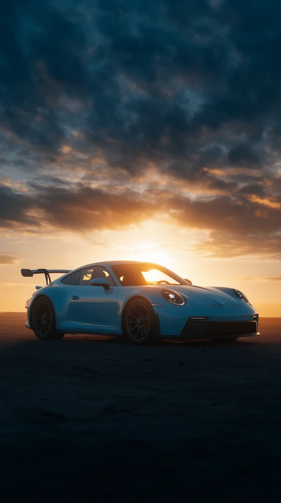 A sleek light blue sports car with a large rear wing is parked on a dark, sandy expanse under a dramatic sunset. The sun, positioned directly behind the vehicle, casts a vibrant golden rim light over its rounded silhouette and fenders. Dark alloy wheels and circular headlights accent the aerodynamic frame. The vast sky above is filled with moody, textured clouds illuminated in deep blue and warm amber, creating a cinematic, low-angle automotive portrait.