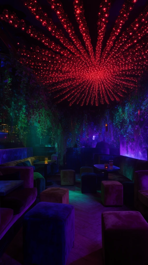 Dimly lit nightclub interior featuring a ceiling covered in radiating clusters of small red lights. Plush booths, square ottomans, and hanging vines fill the space, illuminated by moody, vibrant neon purple, emerald, and deep blue ambient lighting.