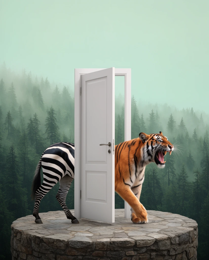 A surreal hybrid animal steps through a freestanding open white door on a circular stone pedestal. The creature's hindquarters are a black-and-white zebra, while the front half emerging from the threshold is a roaring orange tiger. A dense, misty evergreen forest and pale mint-green sky form the atmospheric backdrop. Diffused lighting enhances the seamless digital photomanipulation.
