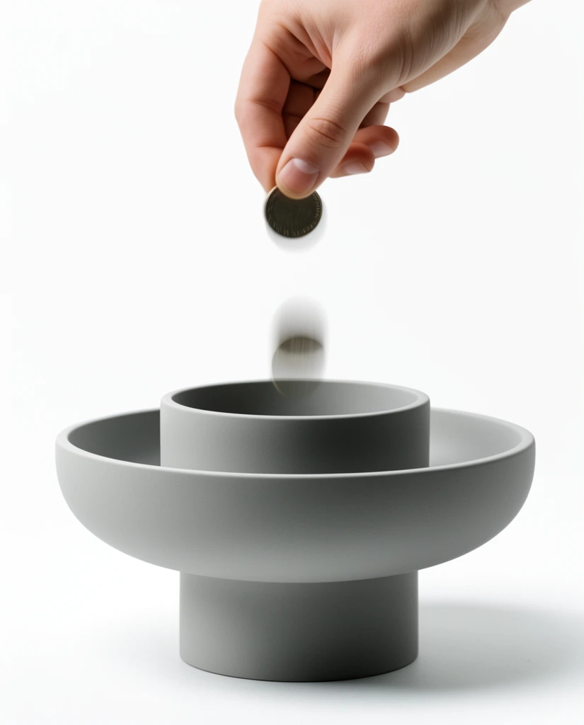 hand dropping coin mid-air, motion blur, minimalist matte grey pedestal bowl, nested inner cylinder, stark white background, high key studio lighting
