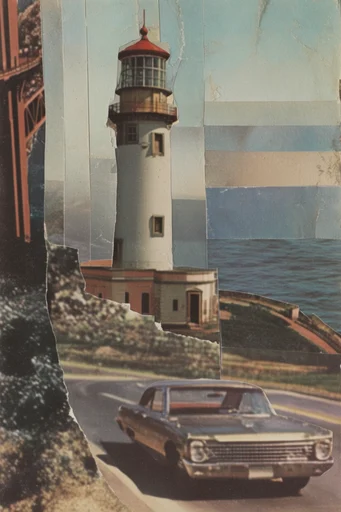 Surreal Mid-Century Montage style reference image — torn paper edges