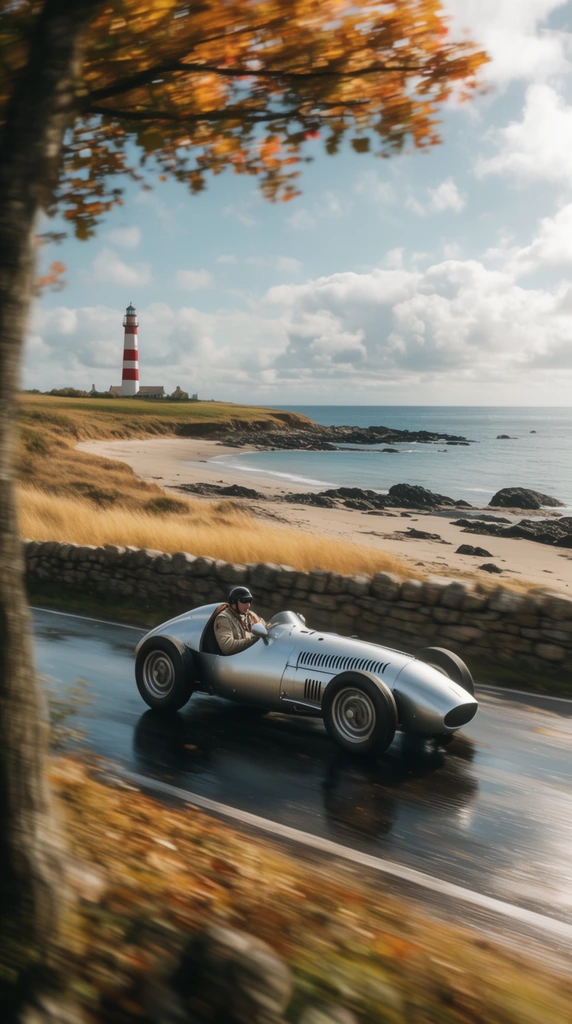 Vintage silver open-wheel race car speeding on a coastal road, strong motion blur, foreground tree trunk with autumn leaves, driver in classic gear, wet asphalt reflection, rustic stone wall, golden grass, sandy beach with dark rocks, calm blue ocean, distant red and white striped lighthouse on a grassy bluff, bright daylight, partly cloudy sky, cinematic wide panoramic view
