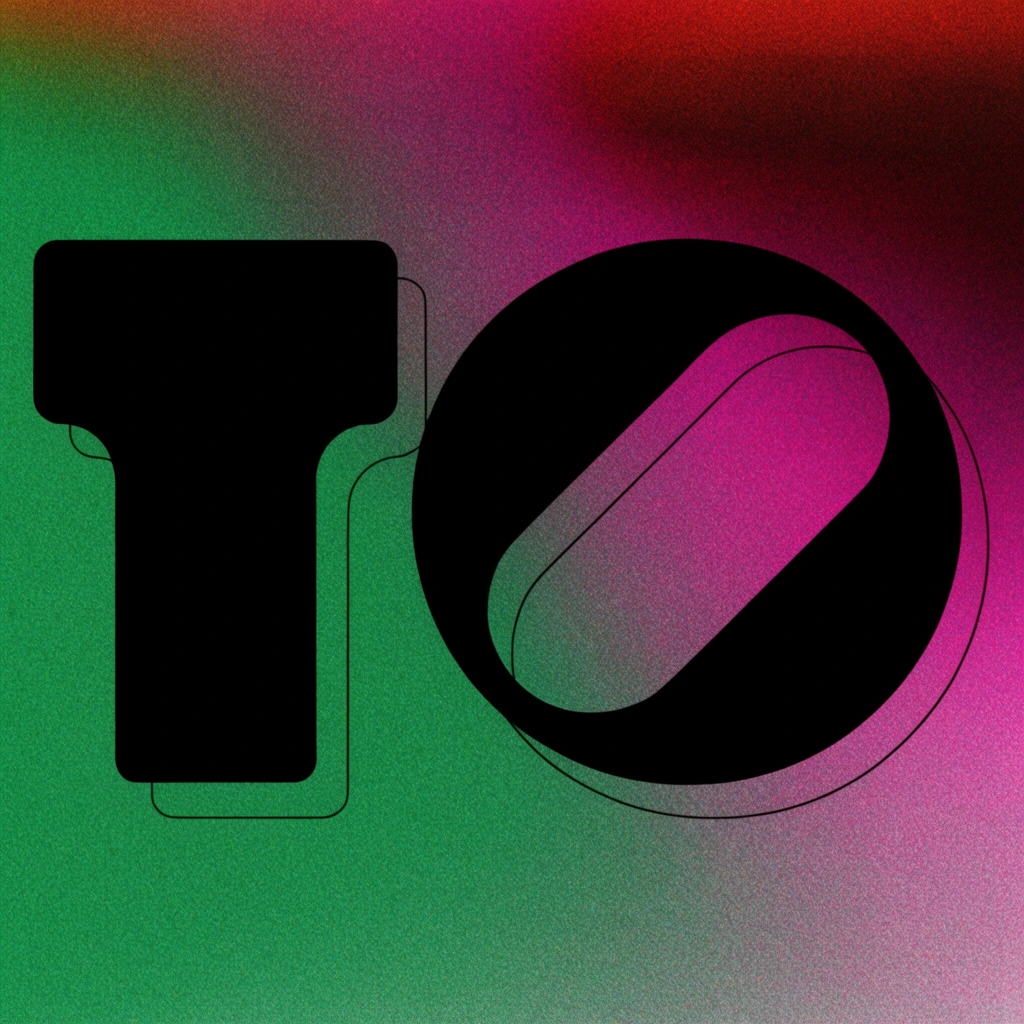 Two solid black abstract shapes dominate a textured gradient backdrop. The left silhouette is a stout pillar with a top overhang, while the right is a large circle containing a diagonal, pill-shaped void. A fine, offset black contour line trails to the bottom right of both forms, creating a displaced wireframe shadow effect. The background is a vibrant color field covered in a heavy, stippled noise overlay. This lo-fi grit adds texture to a smooth color transition that flows from bright emerald green on the left into deep magenta and dark crimson in the upper right.