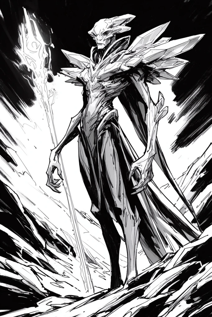 A towering slender alien warrior with elongated limbs and crystalline armor stands holding a glowing energy staff. Rendered in a stark high-contrast black-and-white comic book illustration style featuring heavy aggressive ink lines and dynamic shading.