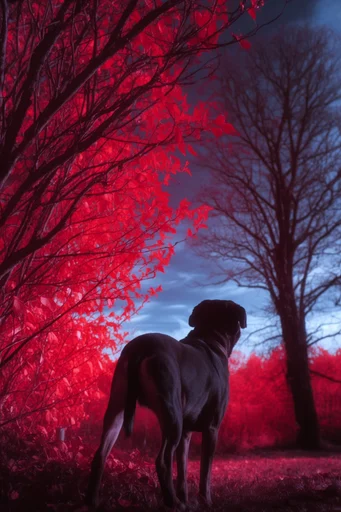 Surreal Infrared Crimson style reference image — glowing red foliage