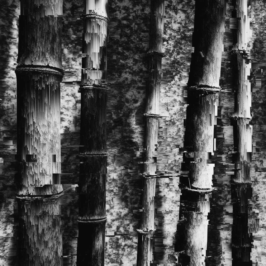 Several vertical bamboo stalks of varying widths and textures span across the frame against a mottled background, entirely rendered in a high-contrast, monochromatic black-and-white digital glitch aesthetic. The cylindrical forms and jointed nodes of the bamboo are aggressively fractured by severe databending, horizontal displacement, and jagged, blocky compression artifacts. Heavy vertical pixel sorting pulls and stretches the organic textures of the stalks into sharp, chaotic striations that bleed into the surrounding environment. Stark, directional lighting creates brilliant white highlights and deep, crushing black shadows, emphasizing the abrasive, corrupted nature of the rendering. The mottled background is consumed by complex scanline errors and dense digital noise, dissolving spatial depth and merging the structural geometry of the bamboo with a heavily distressed, fragmented digital atmosphere.