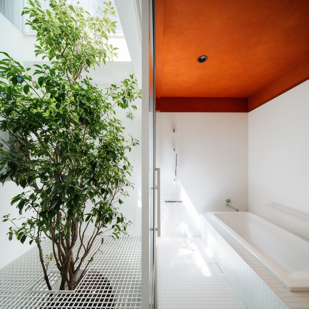 A split interior featuring a bright atrium with a leafy green tree and white metal floor grating. A glass door separates a minimalist white bathroom containing a built-in bathtub, tiled walls, and a striking burnt orange ceiling bathed in bright natural light.