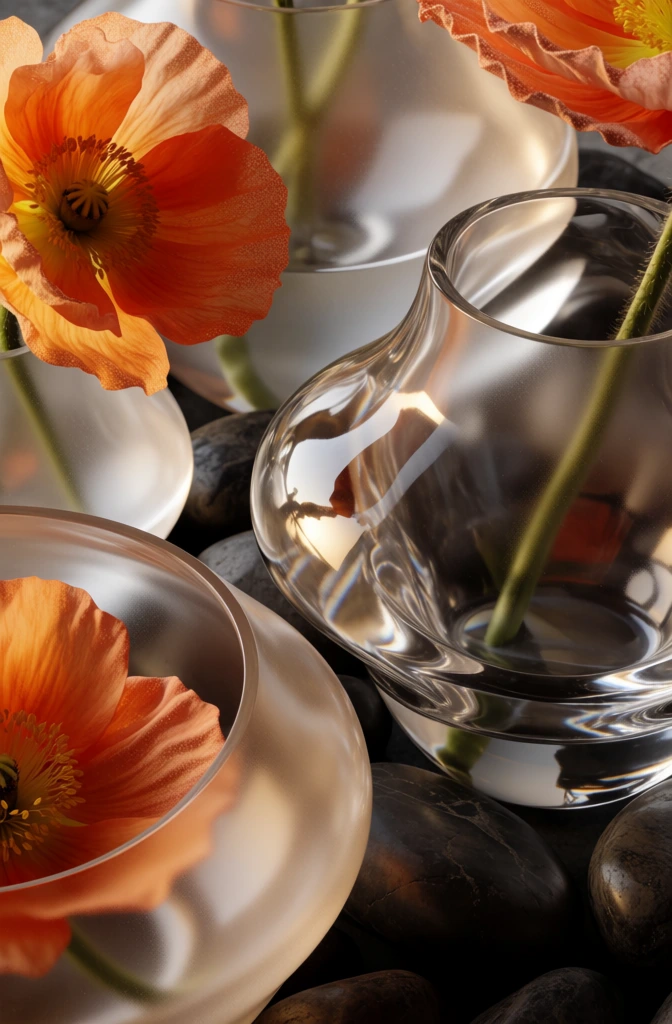 macro architectural close-up, hyper-detailed textures of translucent glass vases, delicate vibrant orange flowers, surrounding obsidian river stones, high-contrast dramatic lighting, deep charcoal and burnt sienna color palette, granular surface details on petals and mineral surfaces, organic vein-like shadows, rich saturated hues, sophisticated editorial aesthetic, sharp focus on crystalline edges, cinematic depth of field, layered abstract composition, textured highlights