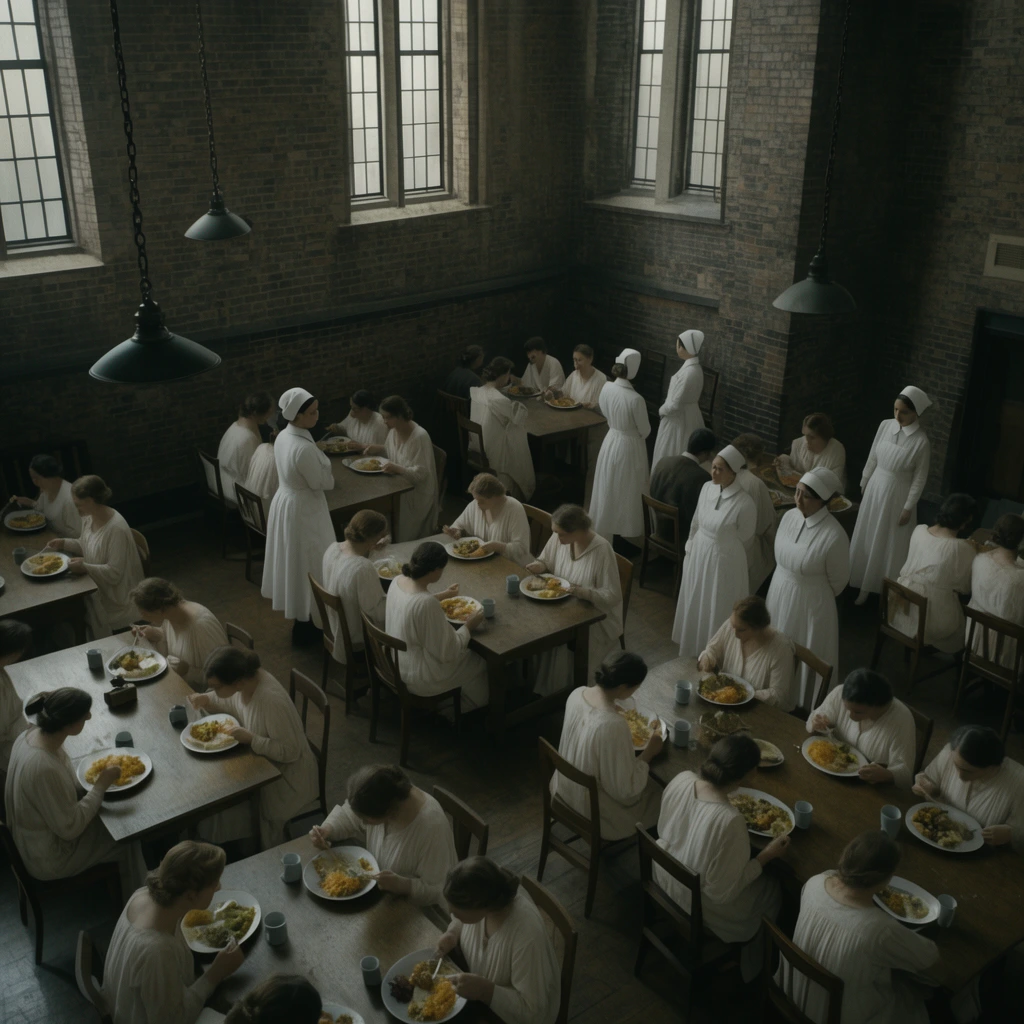 High angle shot of an institutional dining hall, women in loose white garments eating at long wooden tables, figures in vintage nurse uniforms standing in aisles, tall exposed brick walls, high windows casting natural daylight, suspended chain lights, somber cinematic atmosphere, muted color palette