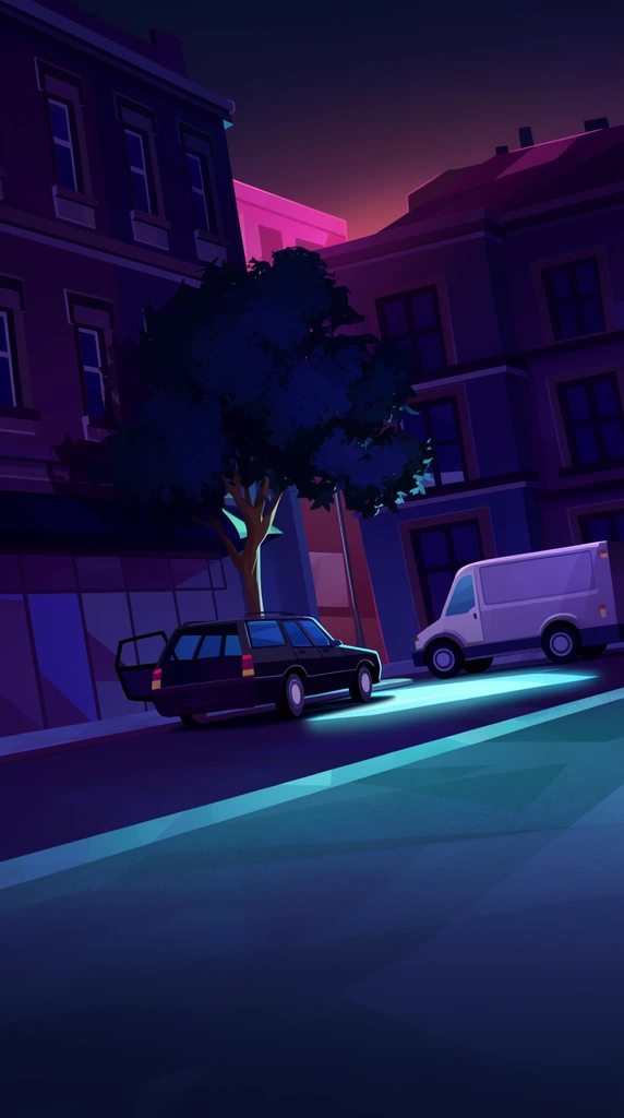 A stylized 2D digital illustration of a nighttime city street corner featuring a dark station wagon with an open rear door parked next to a tree, and a light-colored delivery van parked on the opposite side. Multi-story buildings enclose the street. The artwork uses clean geometric shapes, flat color blocking, and hard-edged shadows. A vibrant palette of deep purples, navy blues, and magentas dominates the scene, punctuated by sharp pools of bright cyan street light on the pavement and a warm pink glow in the distant sky. The low, slightly tilted camera angle creates a dynamic, cinematic atmosphere typical of modern animation backgrounds.