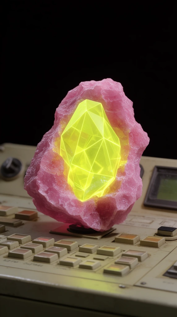 glowing neon yellow geometric crystal in rough pink rock, resting on vintage beige electronic control panel with rectangular buttons, dark background