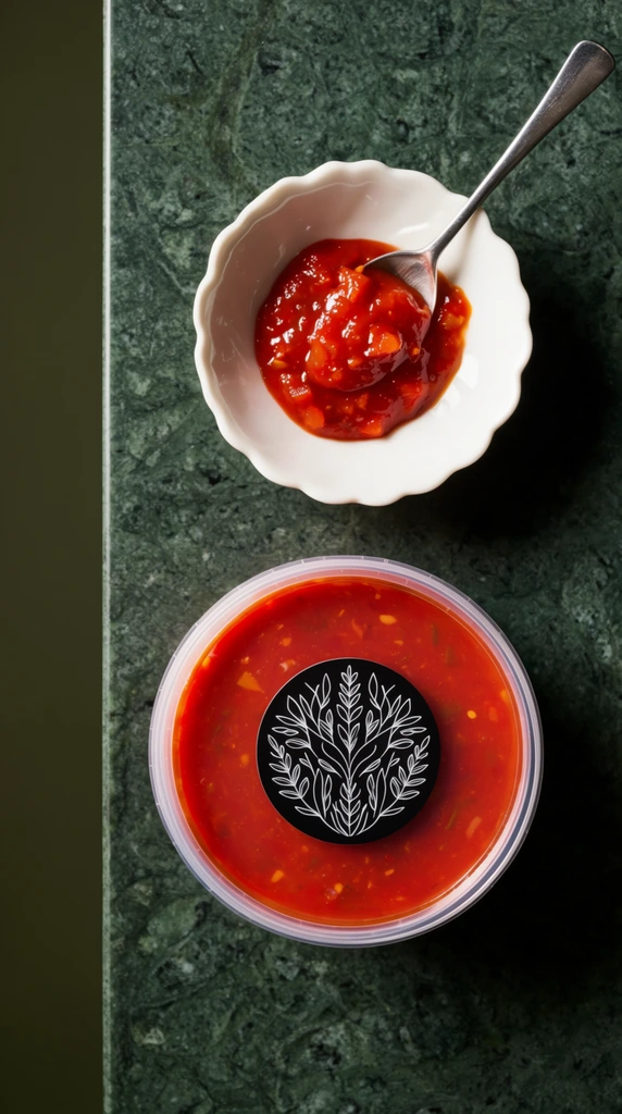 A top-down view of a vibrant red culinary sauce presented on a mottled dark green stone surface. A translucent round container holds the bright crimson mixture, sealed with a circular black label featuring symmetrical white botanical line art. Beside it sits a small, scalloped white ceramic bowl containing a silver spoon resting in a thick, glossy dollop of the chunky red sauce. Crisp directional lighting from the left casts deep shadows to the right, emphasizing the glossy viscosity of the food and the natural veined texture of the stone countertop. A sharp vertical division on the left edge separates the textured stone from a smooth, dark olive background, creating a high-contrast commercial food photography composition.