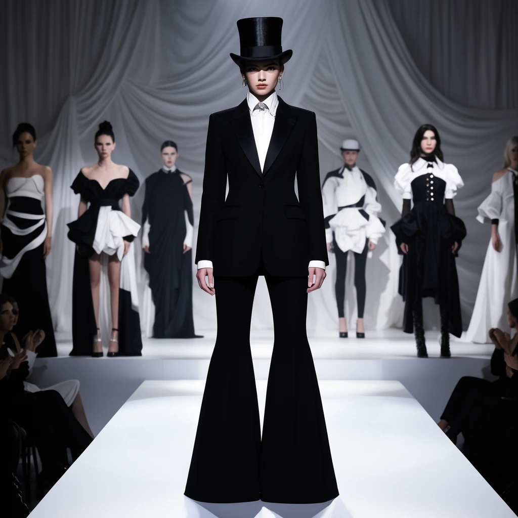 fashion runway, central model in black flared suit and top hat, background models posing in avant-garde monochrome garments, raised stage, white draped curtain, dramatic lighting