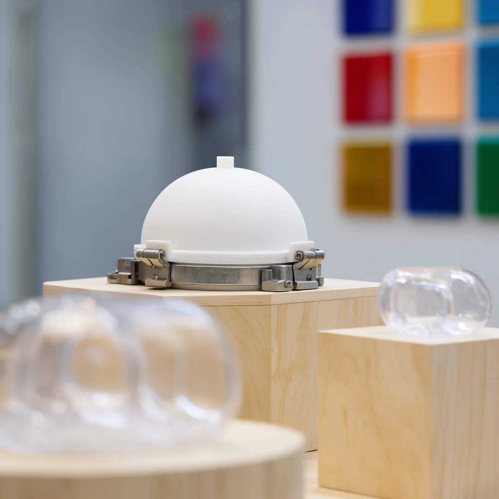 white domed prototype with metal clamp on light wood pedestal, clear plastic object on adjacent wooden block, blurred bulbous object in foreground, colorful rectangular wall panels, modern gallery setting, soft indoor lighting, shallow depth of field