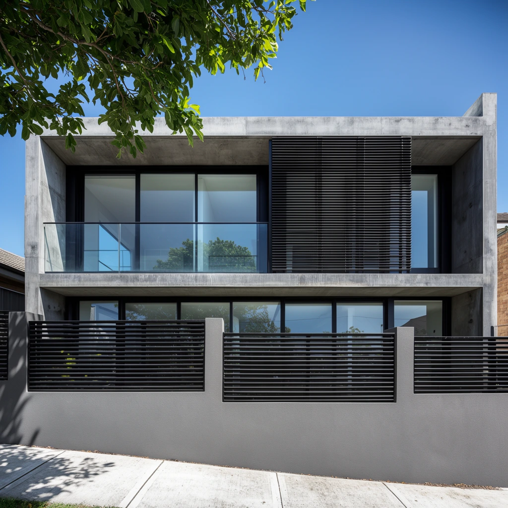 A modern two-story residential building featuring minimalist architecture with raw grey concrete and expansive glass windows set in thick black frames. The upper facade includes a glass balcony and a prominent dark louvered screen. A solid grey rendered front wall with horizontal black metal slatted panels borders a gently sloping concrete sidewalk. Framed by a clear blue sky, a leafy green tree branch enters the top left. The scene uses straight-on architectural photography under bright daylight with sharp focus and high-contrast shadows.