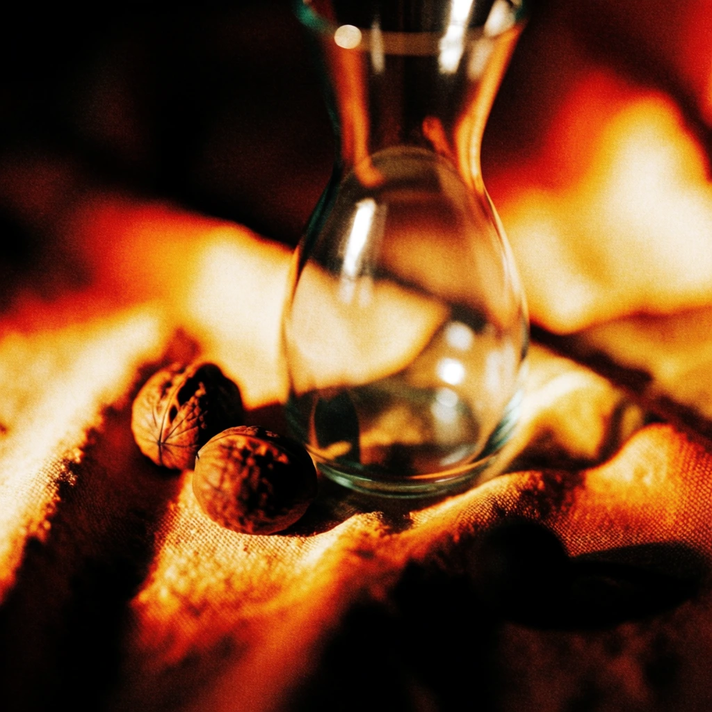 glass carafe and walnuts on a linen tablecloth, captured with extreme lo-fi film grain and heavy digital noise, deep obsidian shadows melting into glowing bursts of burnt orange and radiant golden yellow, soft-focus bokeh silhouettes, high-contrast analog aesthetic, macro perspective with ethereal light leaks, gritty tactile texture, vintage heat-map intensity, dreamlike diffusion across glass surfaces and organic shell textures, rich amber gradients, blurred abstract forms.