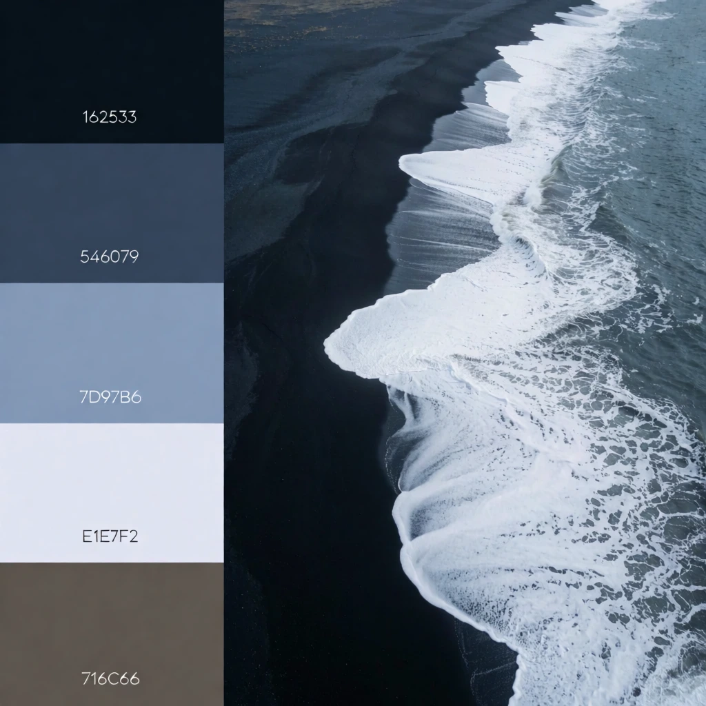 A vertical color palette graphic is overlaid on an aerial photograph of a black sand beach where frothy white waves meet the dark shore. The background depicts a coastal scene from a high-angle perspective, showing the textured, dark black sand of a beach on the right side and the churning ocean on the left. Waves characterized by thick, white sea foam create a jagged and irregular boundary as they wash onto the shoreline, with the deeper water appearing as dark blue and gray tones. Arranged in a vertical column on the left side of the frame are five evenly spaced square color swatches. The topmost square is a very dark navy blue containing the white sans-serif text "162533" at its bottom center. Below it, the second square is a muted, medium-dark slate blue with the white text "546079". The third square is a lighter, dusty blue featuring the white text "7D97B6". The fourth square is a pale, off-white lavender-gray with the white text "E1E7F2". The final square at the bottom is a medium-toned brownish-gray with the white text "716C66". The overall composition uses a cool-toned color palette and high-contrast natural lighting to emphasize the textures of the water and the sand.
