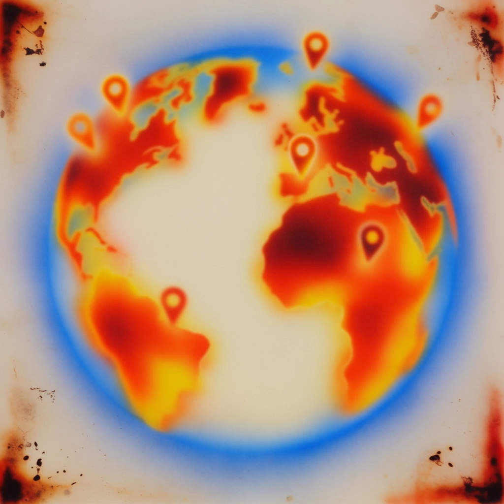A globe displaying a map with several location pins, rendered in a heavily diffused, airbrushed thermal imaging aesthetic. The spherical form and geographical continents are defined by vibrant, glowing heat-map gradients, radiating outward from a creamy off-white hot core through bands of bright yellow, fiery orange, and deep crimson, terminating in a soft, electric blue outer halo. Scattered across the map, several location pins emerge as fuzzy, thermographic silhouettes, their glowing forms bleeding seamlessly into the globe's radiant surface with soft, diffused borders. The glowing central composition is set against a muted, off-white textured paper background. The edges and corners of the canvas feature distressed, scorched burn marks in dark reddish-brown, accompanied by scattered ink-like speckles and smudges. The rendering technique emulates lo-fi analogue printmaking or a stencil airbrush effect, characterized by extreme color bleed, soft out-of-focus boundaries, and heavy halation, producing a warm, hazy, high-contrast visual.