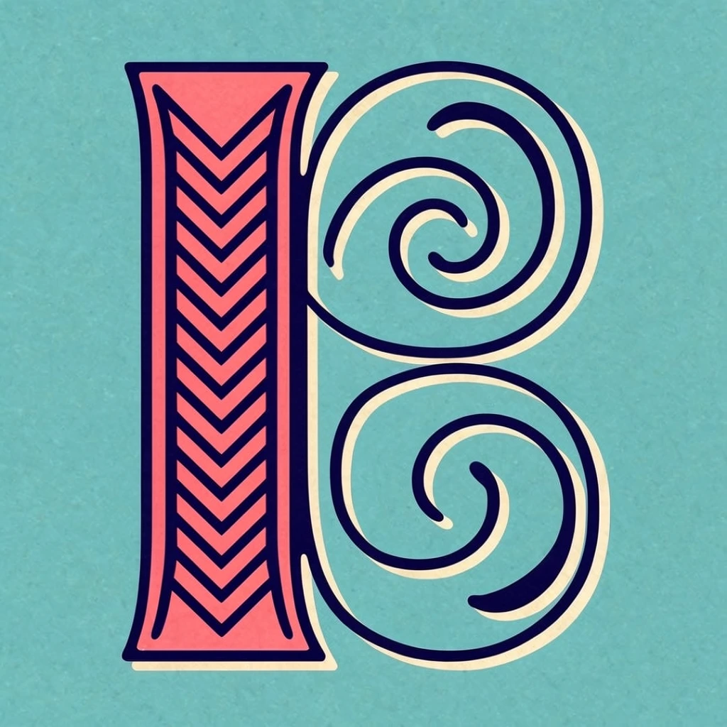 abstract ornamental graphic, coral pink vertical pillar filled with stacked navy blue chevron motifs, attached to two stacked fluid rounded loops with elegant swirling interior flourishes, thick navy blue linework, cream offset drop shadow, textured aquamarine background, vintage vector illustration style, subtle grain, crisp curves