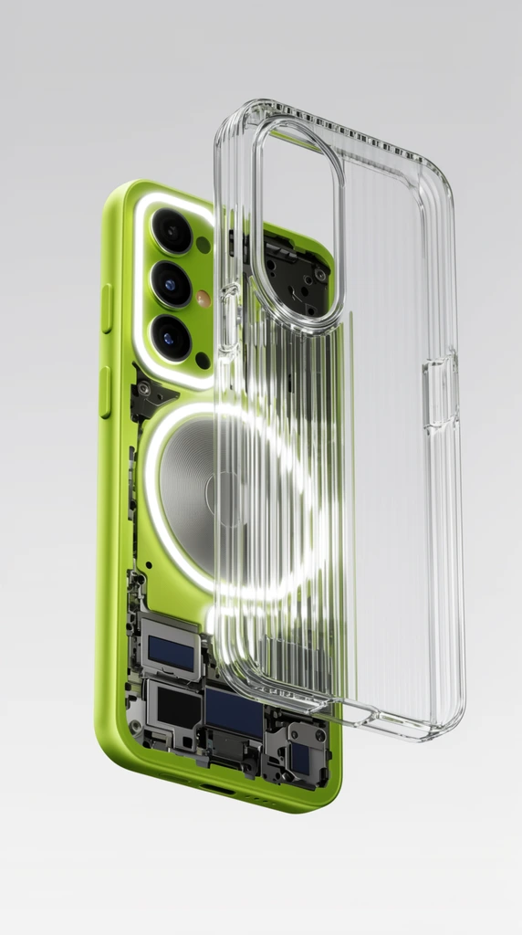 Lime green mobile device, exposed internal mechanics, glowing white LED accents, floating clear ribbed protective case, exploded product view, light grey background, 3D render