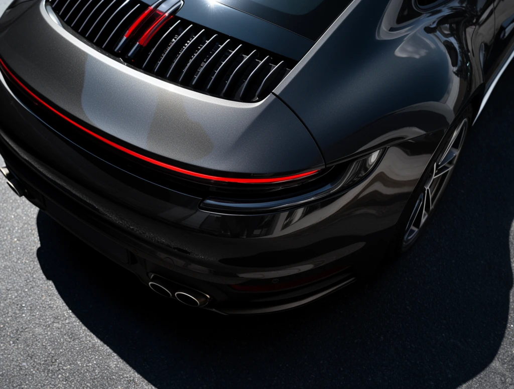 close-up rear view of a dark charcoal grey sports car, glossy metallic paint reflecting bright sunlight, continuous horizontal red LED taillight strip, black louvered engine deck with vertical slats, lower rear fascia with quad circular exhaust pipes, sleek aerodynamic curves, partial view of alloy wheel, dark textured asphalt pavement, high contrast automotive photography, harsh daylight, dramatic shadows, sharp specular reflections