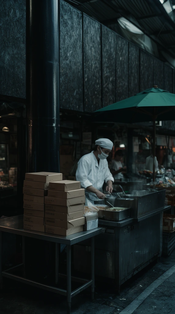 Urban street food stall in a dimly lit covered market, cook in a white uniform working behind a metal counter, stack of brown cardboard boxes on a stainless steel table, thick black structural pillar, dark textured wall panels, green patio umbrella, moody cinematic lighting, deep shadows, gritty urban photography, cool muted tones