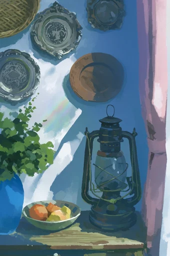 Sun-Drenched Gouache Vignettes style reference image — high-angle overhead perspective